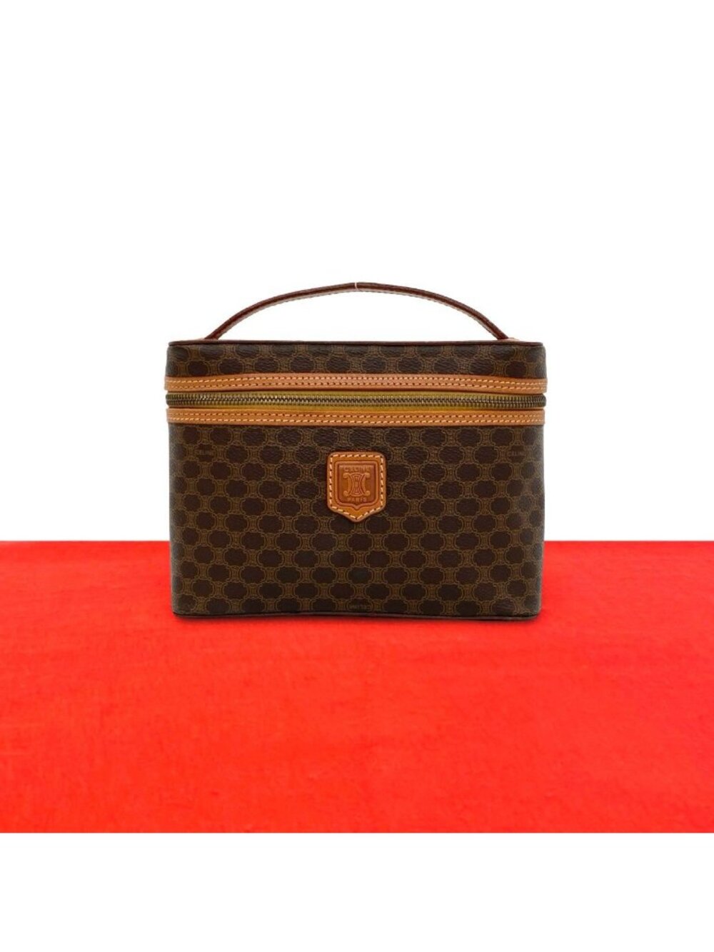 Celine Vintage Macadam Blason Pattern Triomphe Leather Handbag Vanity Bag Brown